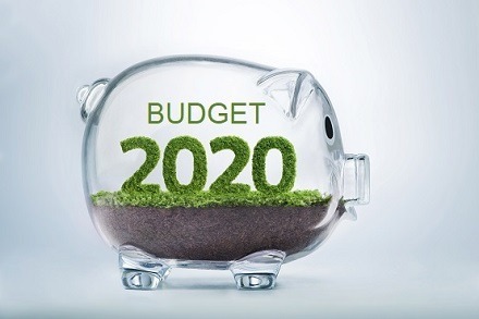 Budget 2020 glass piggy bank with words Budget 2020