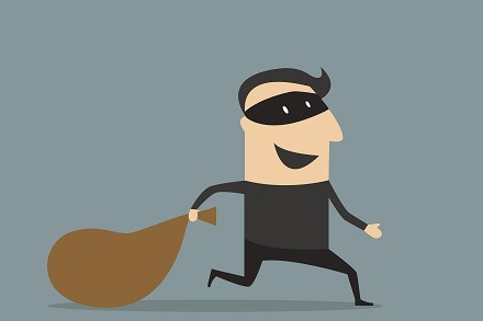 Cartoon fraudster or thief in mask with sack, how to prevent fraud and cyber crime